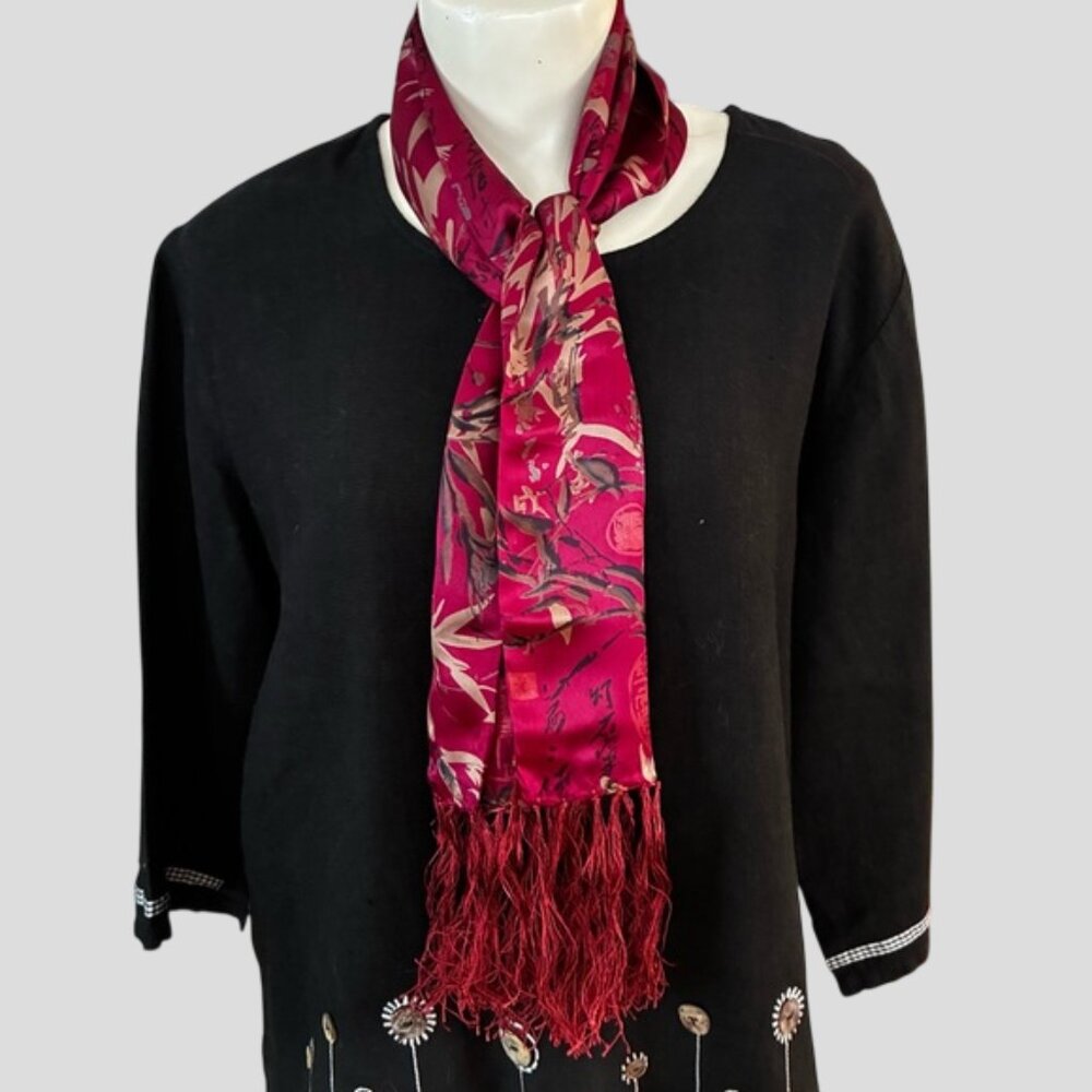 Red Silk Scarf With Black Asian Character Writing, Leaves And Fringe